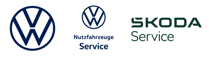 Volkswagen Logo, Nutzfahrzeuge Logo, Skoda Service Logo mit Verlinkung zu Onlineterminbuchung
