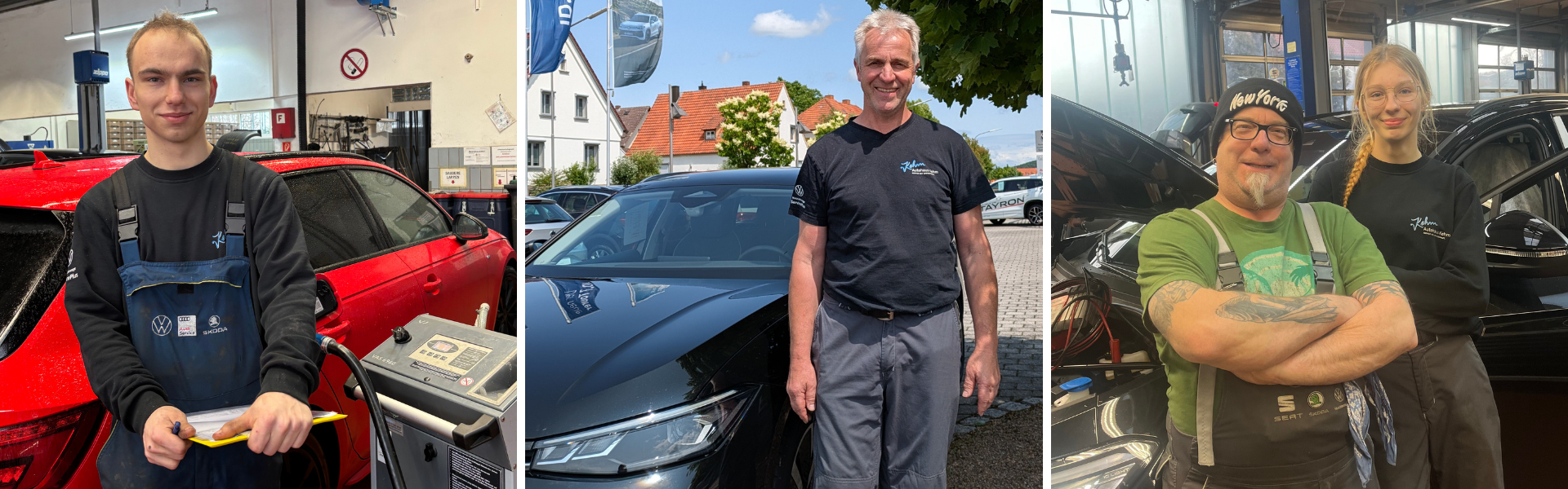 Vier Mechaniker bei Reparatur von Autos